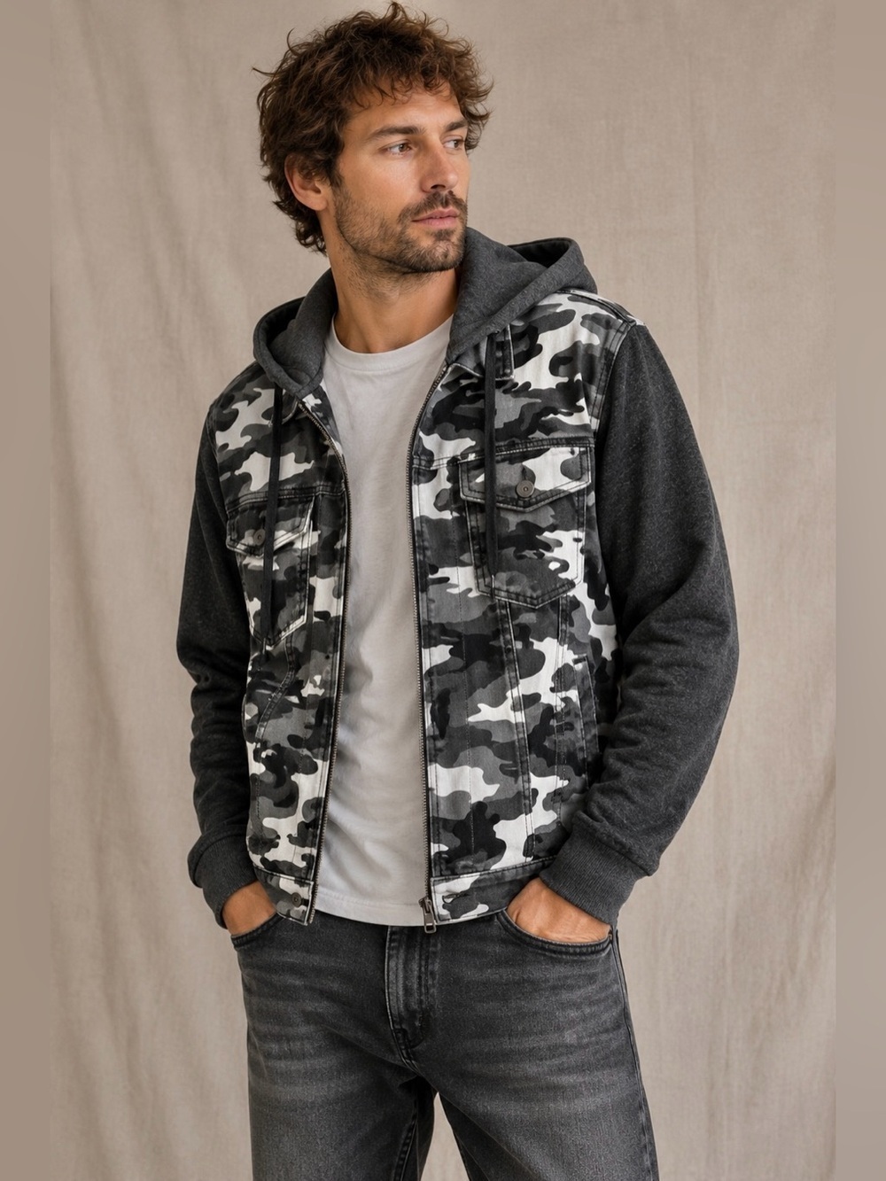 Fire & Rain Camo Denim Knit Hooded Zip-Up Jacket Men’s Large